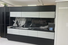 Black and White Kitchen with Dramatic Marble Splashback in Sydney