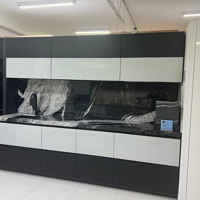 Black and White Kitchen with Dramatic Marble Splashback