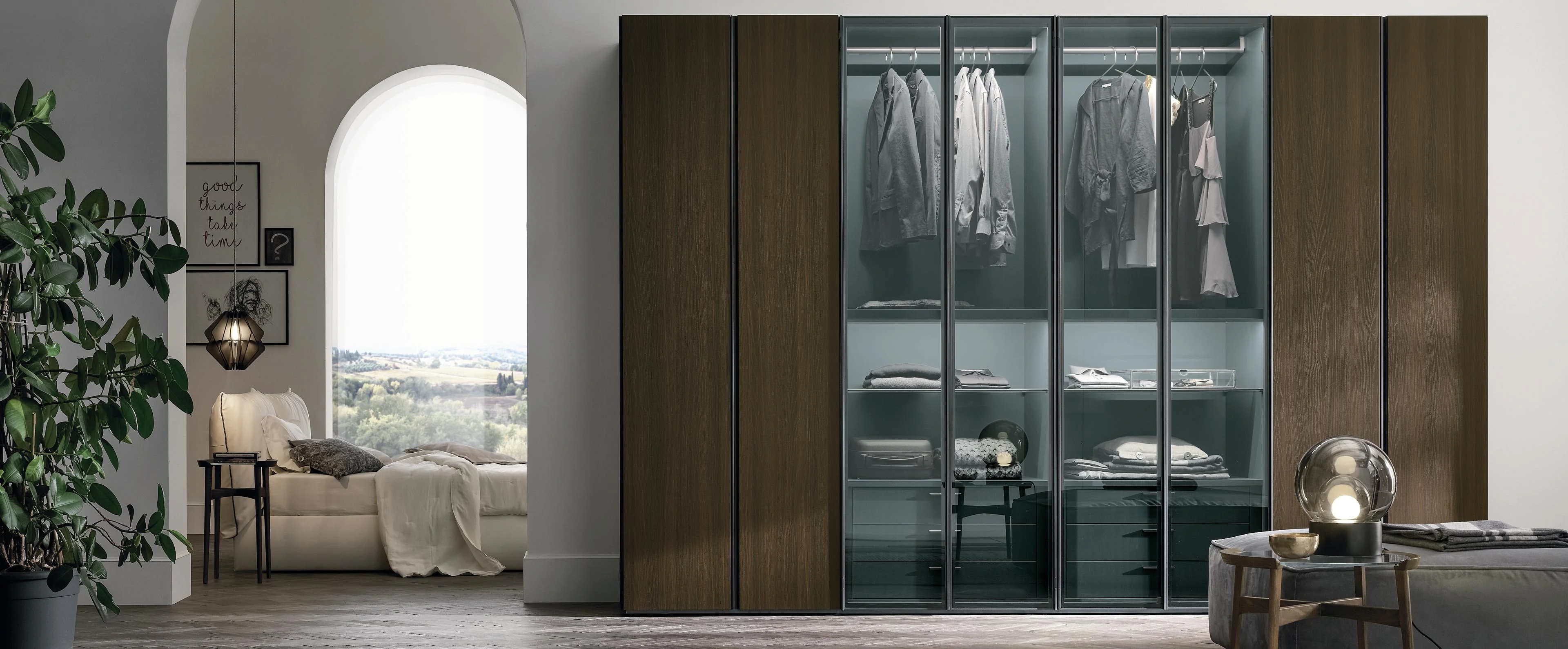 Eurolife Metropolis built-in wardrobe with smoked glass hinged doors and anthracite frame