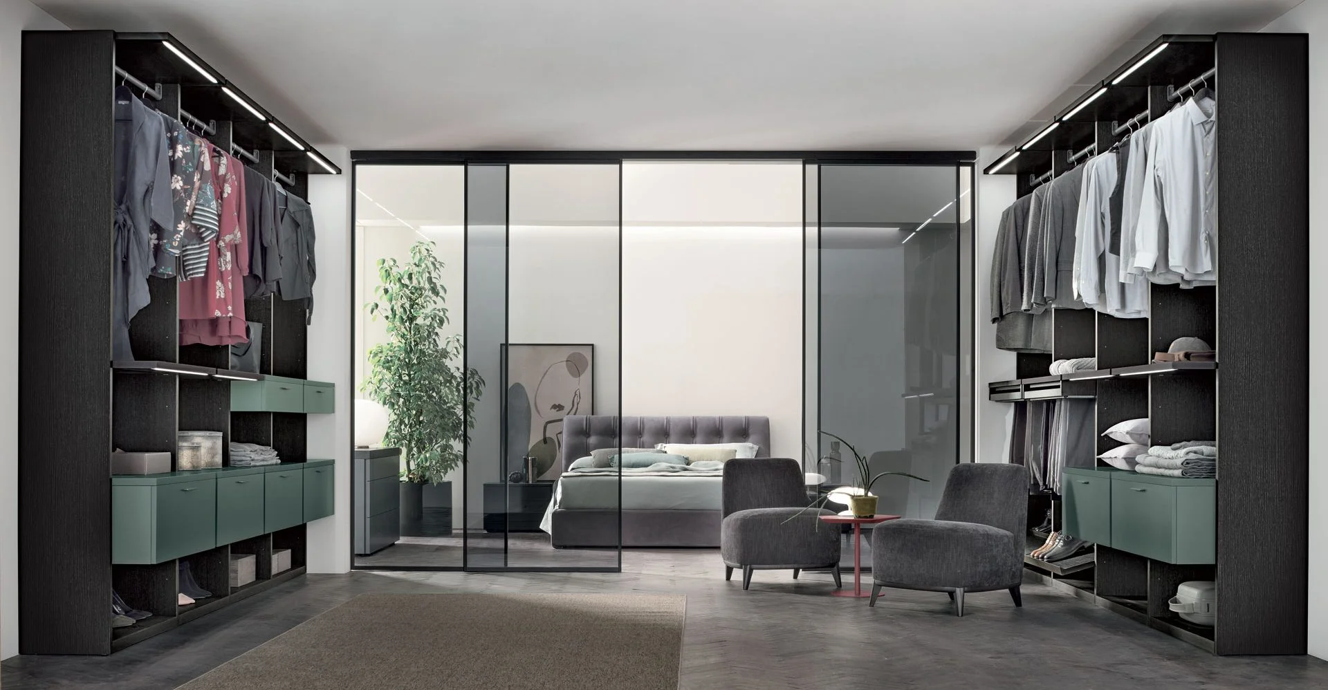 TOMASELLA Doxa walk-in wardrobe with open modules and contemporary layout