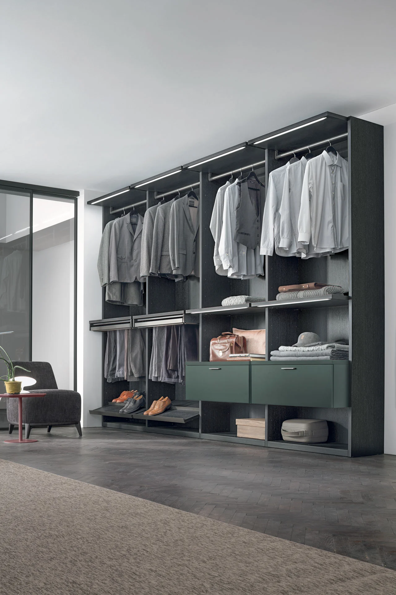 TOMASELLA Doxa walk-in wardrobe with open shelving, drawers and hanging sections