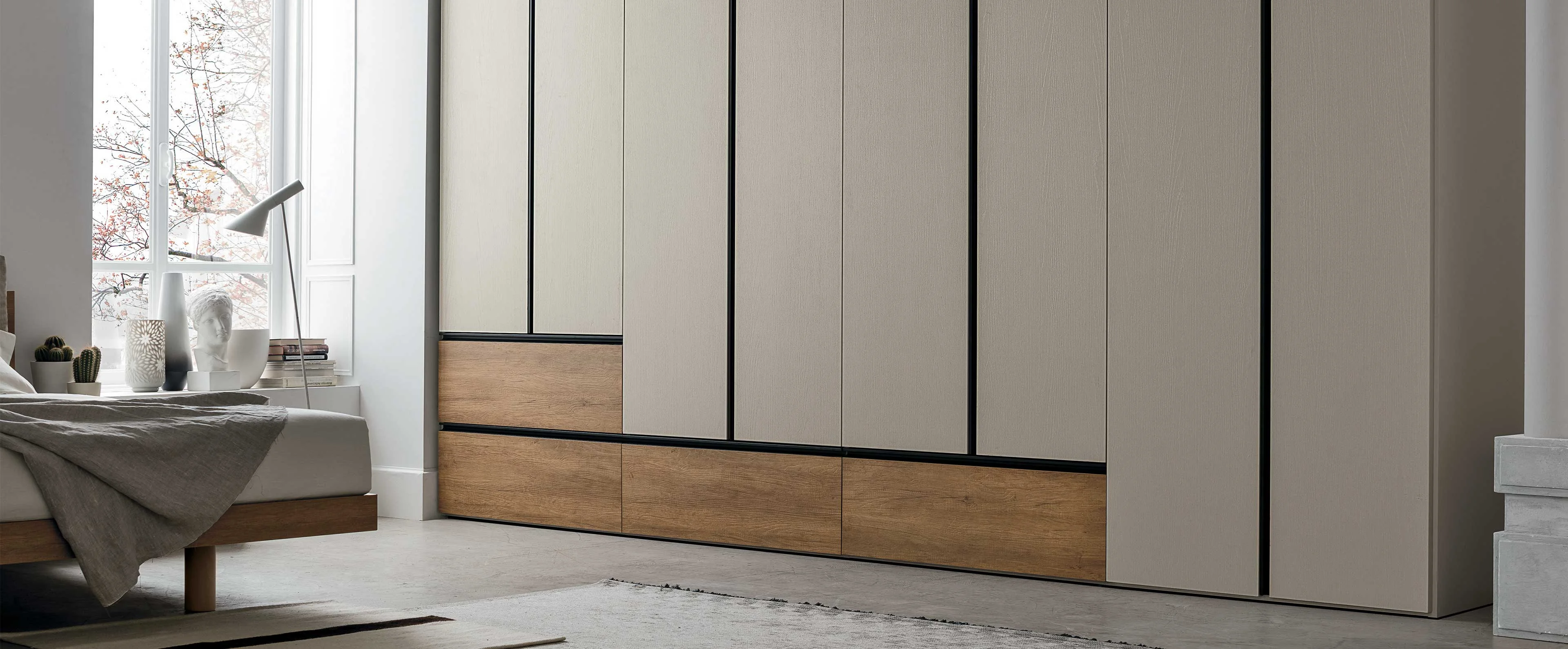 Eurolife Modula built-in wardrobe with external drawers and textured lacquered doors