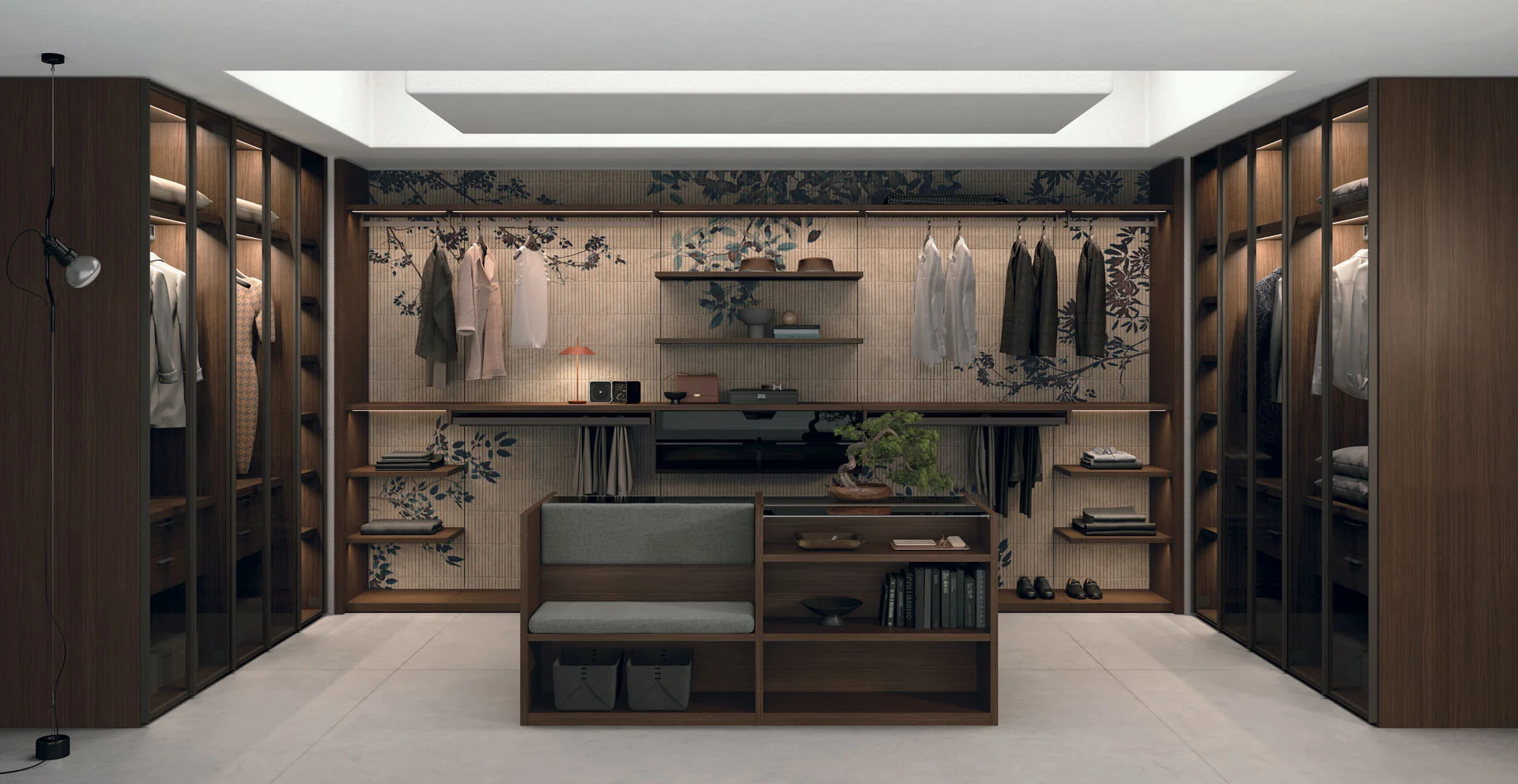 TOMASELLA Pratico walk-in wardrobe with printed wall panelling and central island
